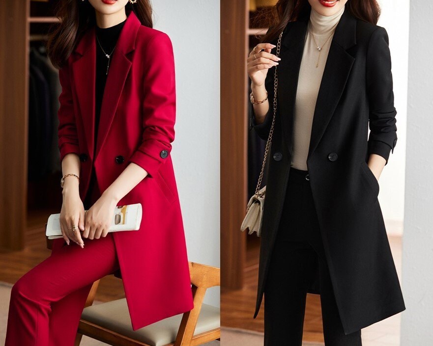 Red/ Black/ Dark blue pantsuit, designer woman long coat slim cut + pants Smart Causal/ Formal/ Party Event/ Prom Wedding/Gift