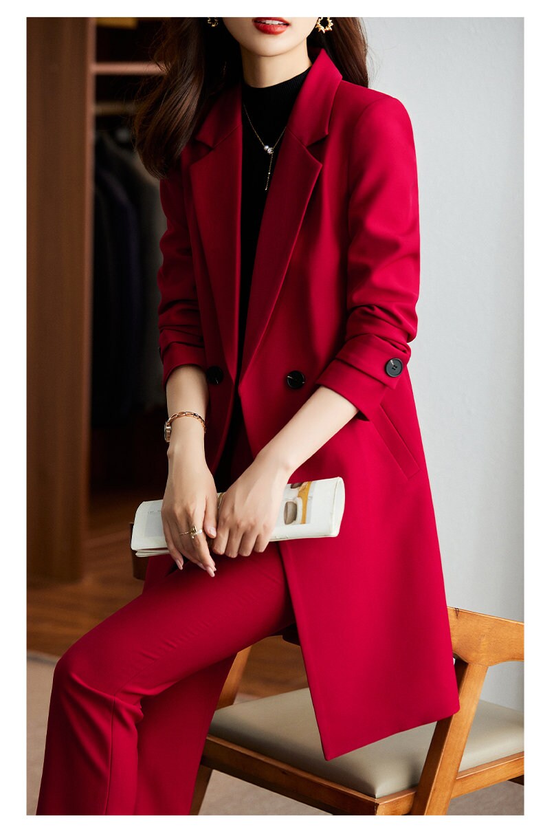 Red/ Black/ Dark blue pantsuit, designer woman long coat slim cut + pants Smart Causal/ Formal/ Party Event/ Prom Wedding/Gift