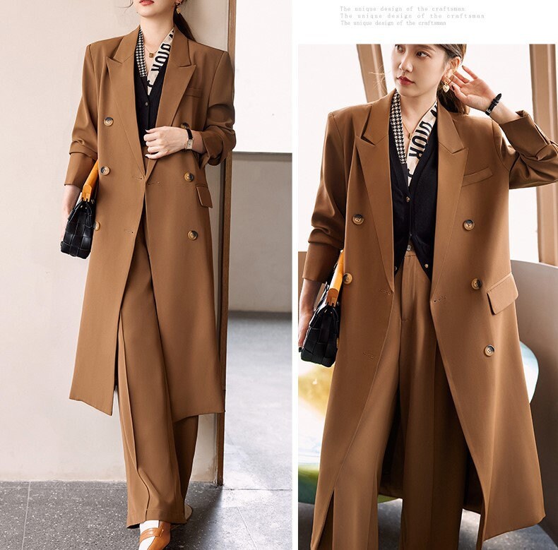 Brown/ Black/ Gray trench coat + pants set, designer woman long coat + loose fit pants Smart Causal/ Formal/ Party Event/ Prom Wedding/Gift