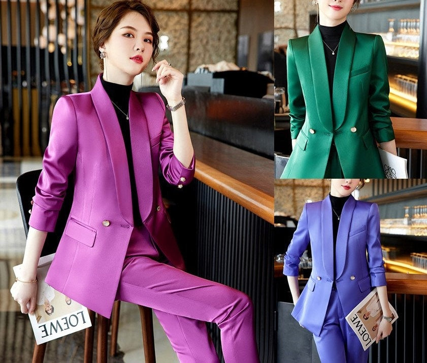 Purple/ Green/ Blue acetate pantsuit, designer woman shiny suit jacket/ blazer + pants suit set, Formal/ Party Event/ Prom Wedding/Gift