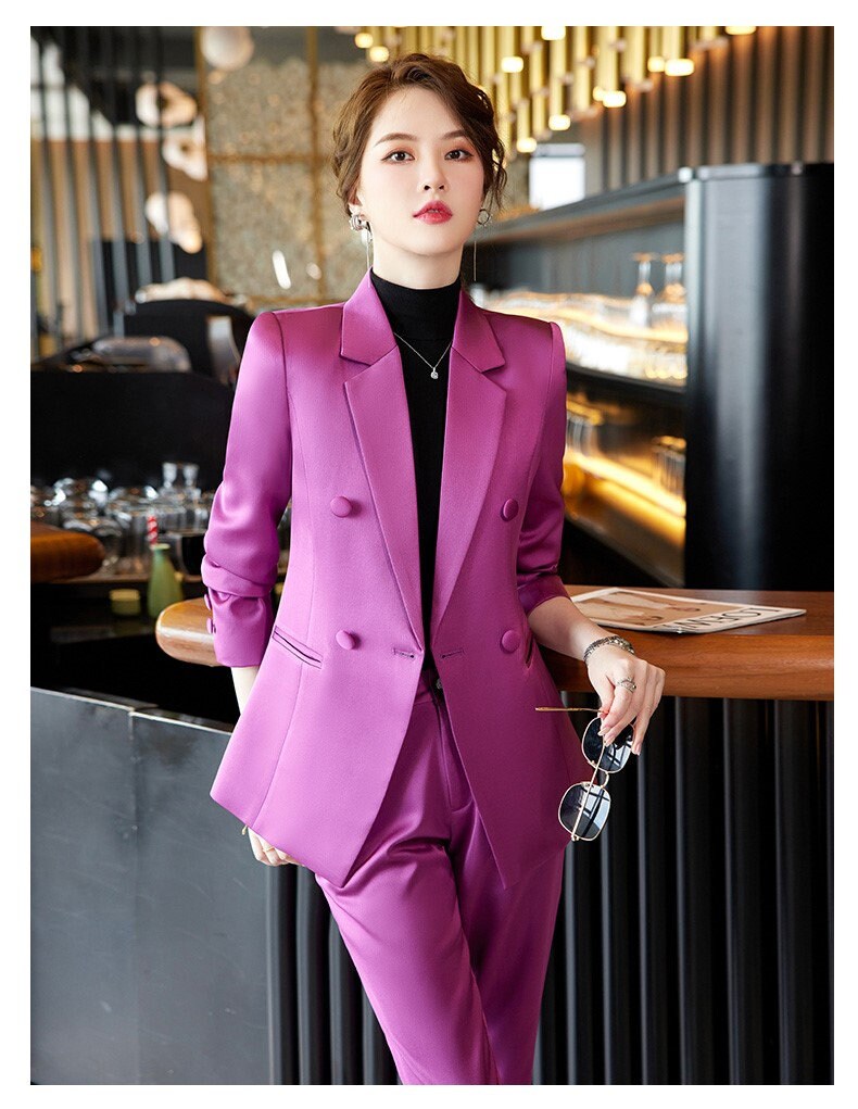 Pink/ Rose red/ Purple acetate pantsuit, woman shiny suit jacket/ blazer + slim cut pants suit set, Formal/ Party Event/ Prom Wedding/Gift