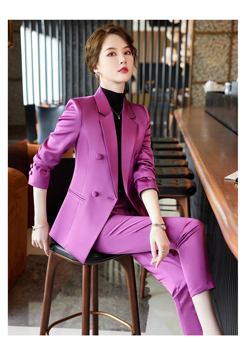 Pink/ Rose red/ Purple acetate pantsuit, woman shiny suit jacket/ blazer + slim cut pants suit set, Formal/ Party Event/ Prom Wedding/Gift