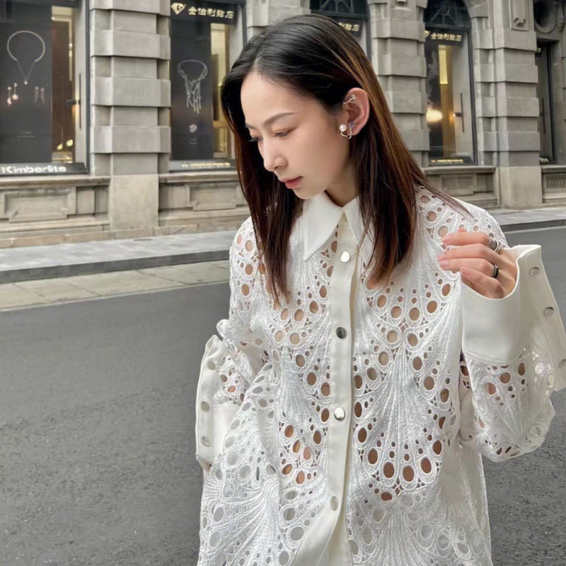 Beige lace diecut pattern blouse, woman sleeve collar loose fit shirt Victorian style, Smart casual/ Formal/ Party Event/ Prom Wedding/Gift