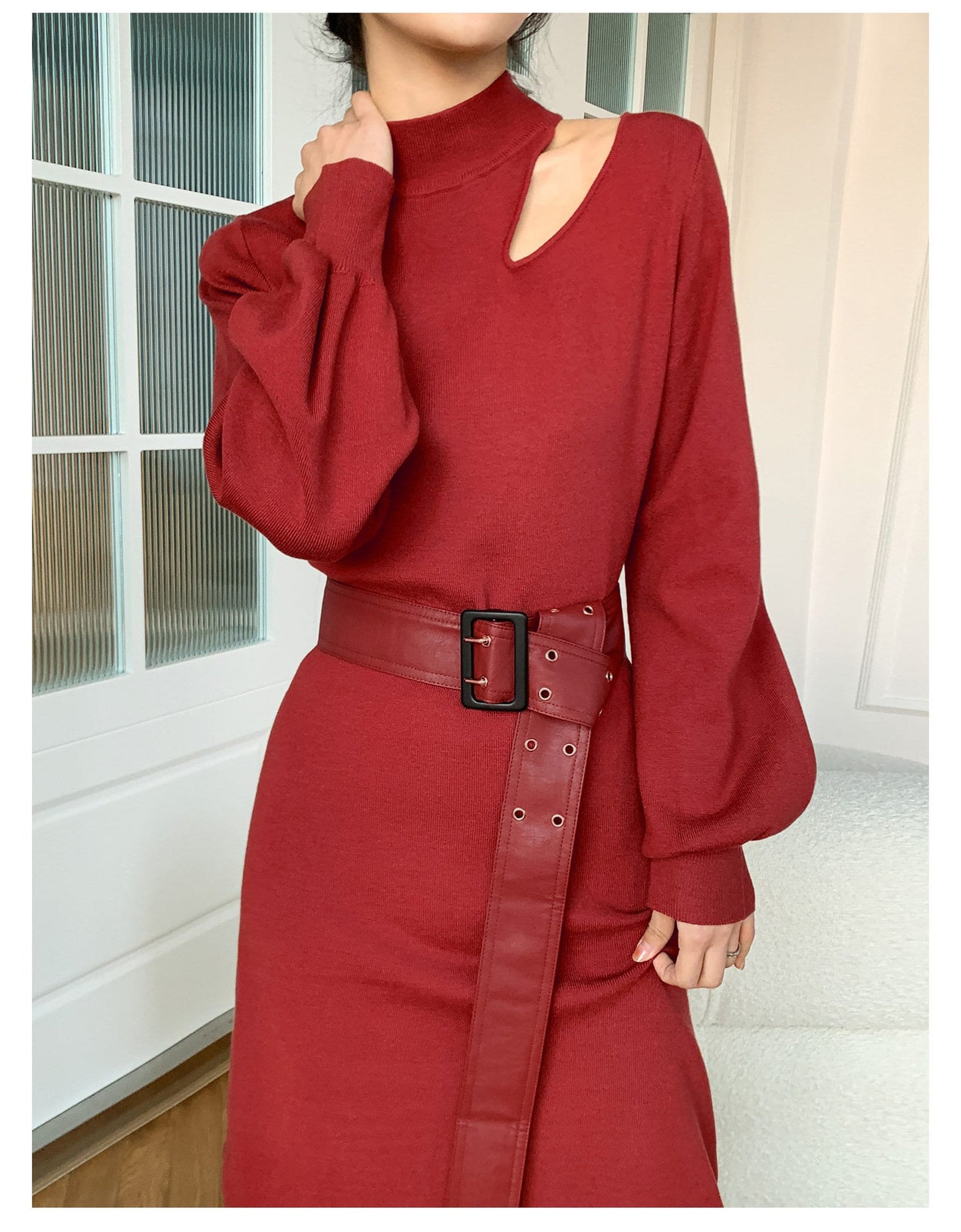 Red knitted slim cut one piece dress with belt, designer woman long dress cool simple style for party event formal casual office work