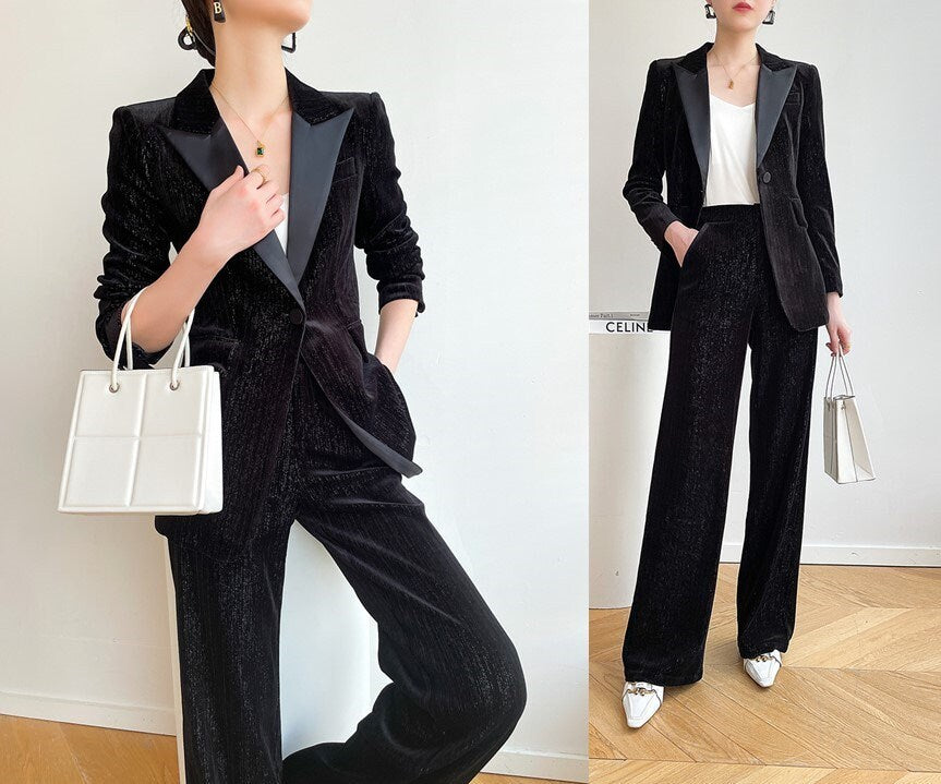 Black Slim Cut Velvet Pantsuit, Designer Women winter Suit Jacket/ Blazer + Wide Legged Pants, Smart Causal/ Formal/ Party Event/ Prom