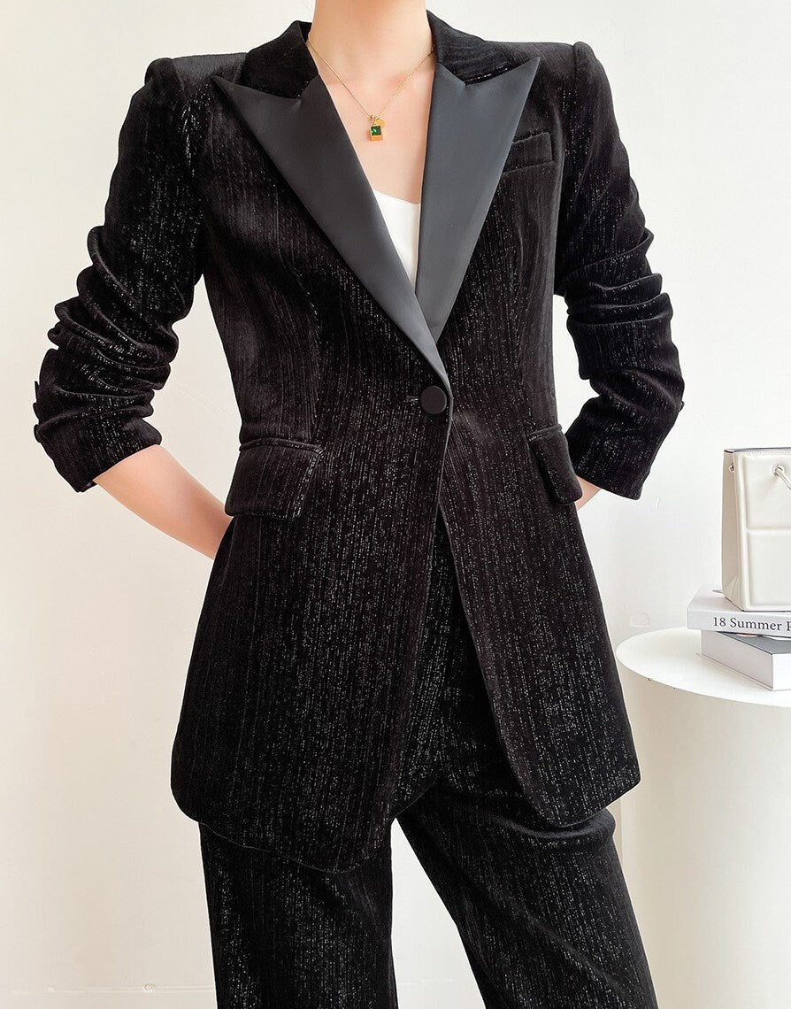 Black Slim Cut Velvet Pantsuit, Designer Women winter Suit Jacket/ Blazer + Wide Legged Pants, Smart Causal/ Formal/ Party Event/ Prom