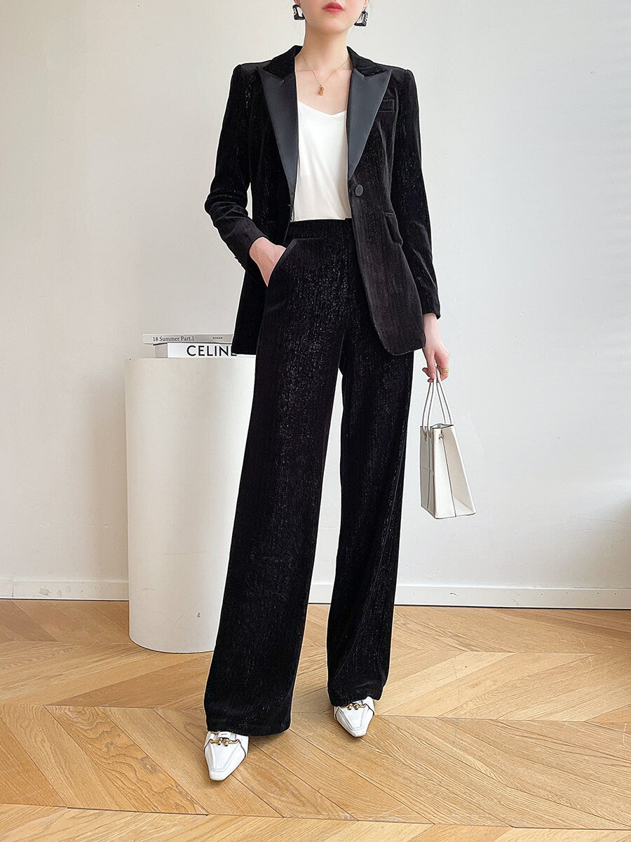 Black Slim Cut Velvet Pantsuit, Designer Women winter Suit Jacket/ Blazer + Wide Legged Pants, Smart Causal/ Formal/ Party Event/ Prom