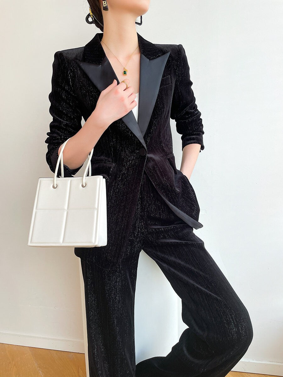 Black Slim Cut Velvet Pantsuit, Designer Women winter Suit Jacket/ Blazer + Wide Legged Pants, Smart Causal/ Formal/ Party Event/ Prom