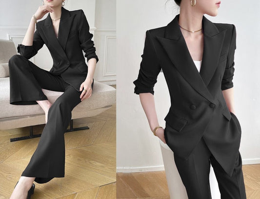 Black Trendy Pantsuit, Designer Women sleeved winter falls Suit Jacket + Pants, Smart Causal/ Formal/ Party Event/ Prom Wedding/Gift