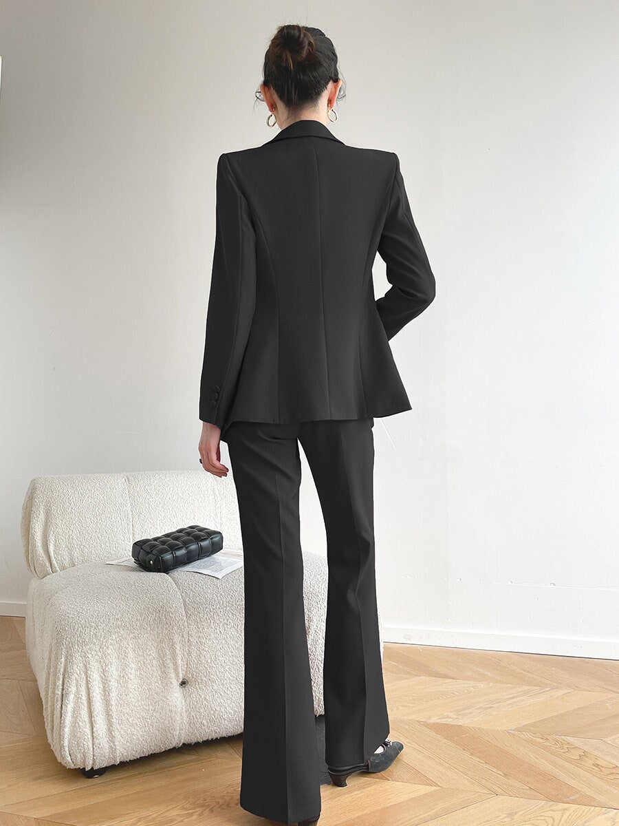 Black Trendy Pantsuit, Designer Women sleeved winter falls Suit Jacket + Pants, Smart Causal/ Formal/ Party Event/ Prom Wedding/Gift