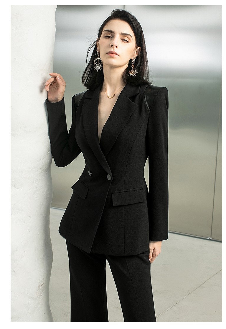 Black pointed shoulder trendy pantsuit, deluxe designer woman modern slim cut blazer + pants, Smart Causal/ Party Event/ Prom Wedding/Gift