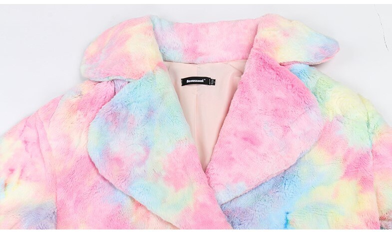 Tie Dye Faux Fur Coat, long turn down collar loose & warm coat, teddy bear fleece jacket, Designer trench coat for casual event party gift