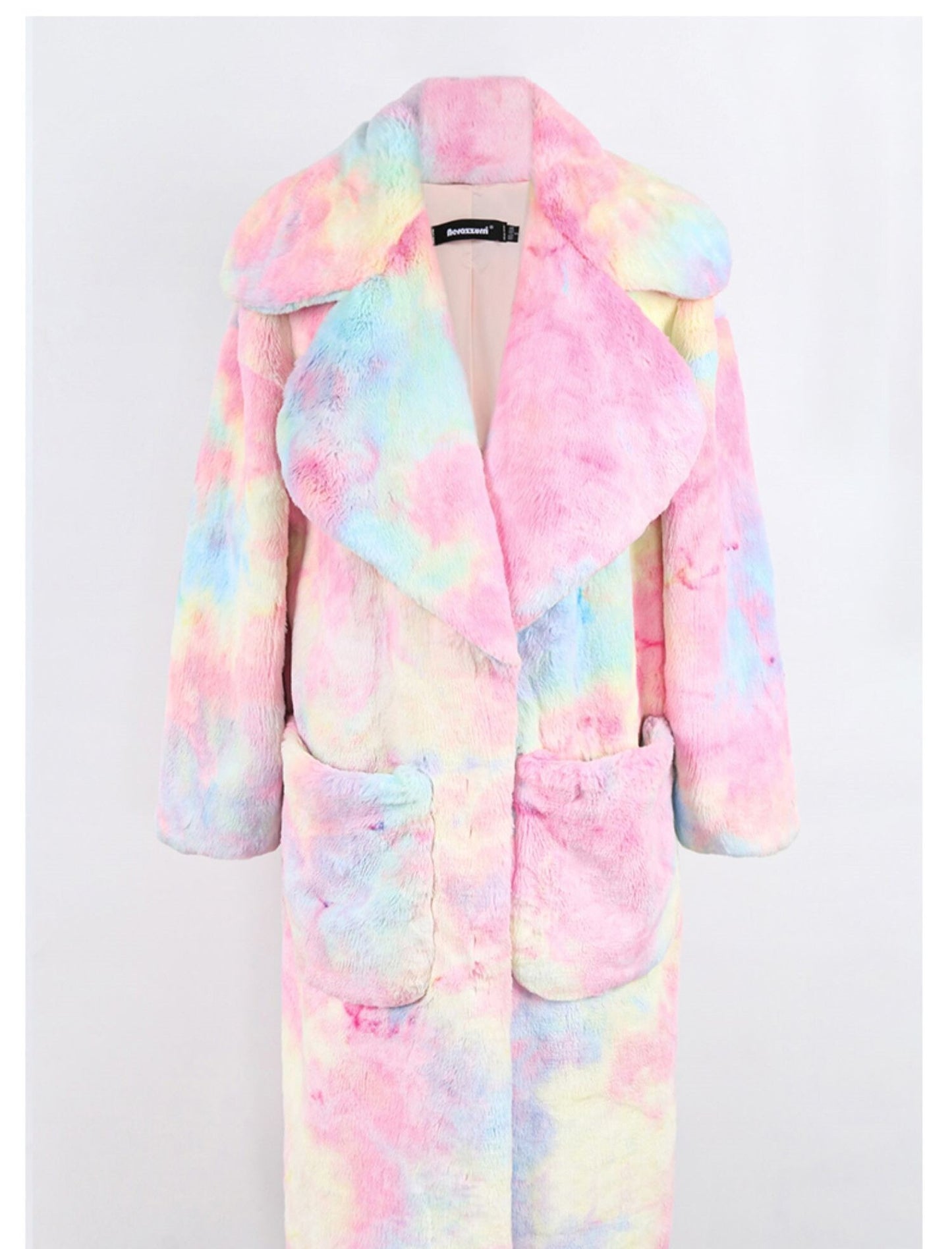 Tie Dye Faux Fur Coat, long turn down collar loose & warm coat, teddy bear fleece jacket, Designer trench coat for casual event party gift