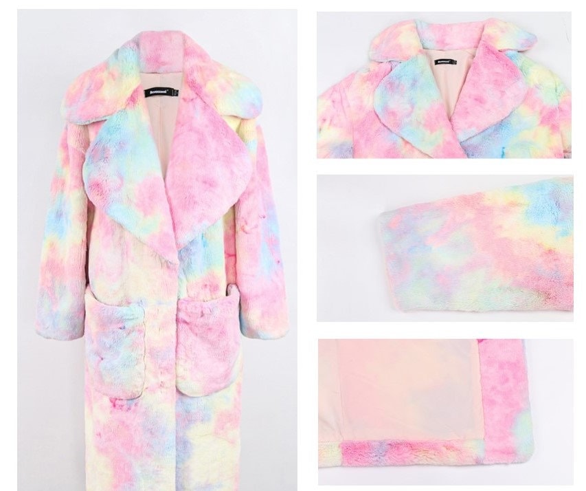 Tie Dye Faux Fur Coat, long turn down collar loose & warm coat, teddy bear fleece jacket, Designer trench coat for casual event party gift