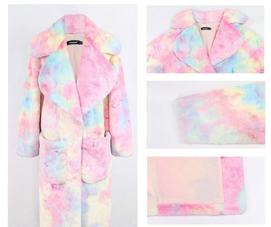 Tie Dye Faux Fur Coat, long turn down collar loose & warm coat, teddy bear fleece jacket, Designer trench coat for casual event party gift