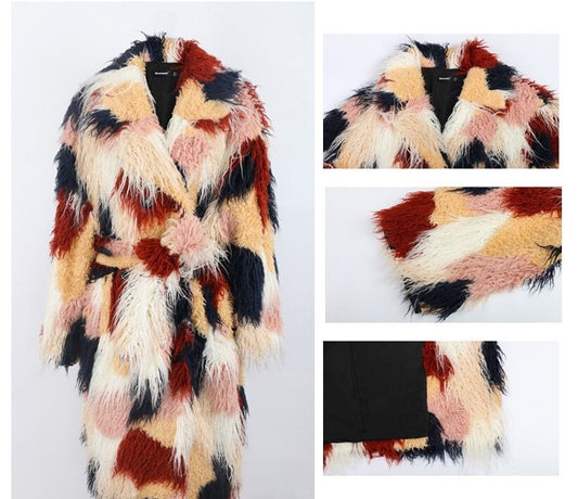 Tie Dye Faux Fur Coat, long turn down collar loose & warm coat, teddy bear fleece jacket, Designer trench coat mixed color for party gift