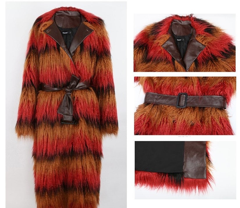 Tie Dye Faux Fur Coat, leather patchwork loose & warm coat, teddy bear jacket, Designer trench coat mixed color for party gift