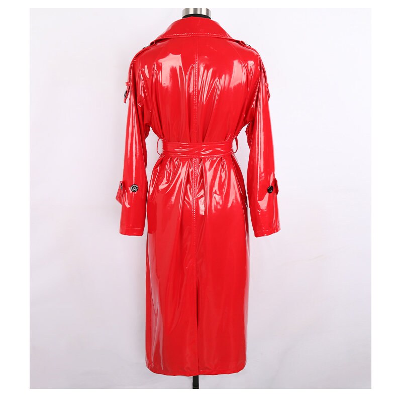 Sharp color leather Coat, PU leather trench coat in red/ blue/ black glossy trendy style casual outdoors all seasons