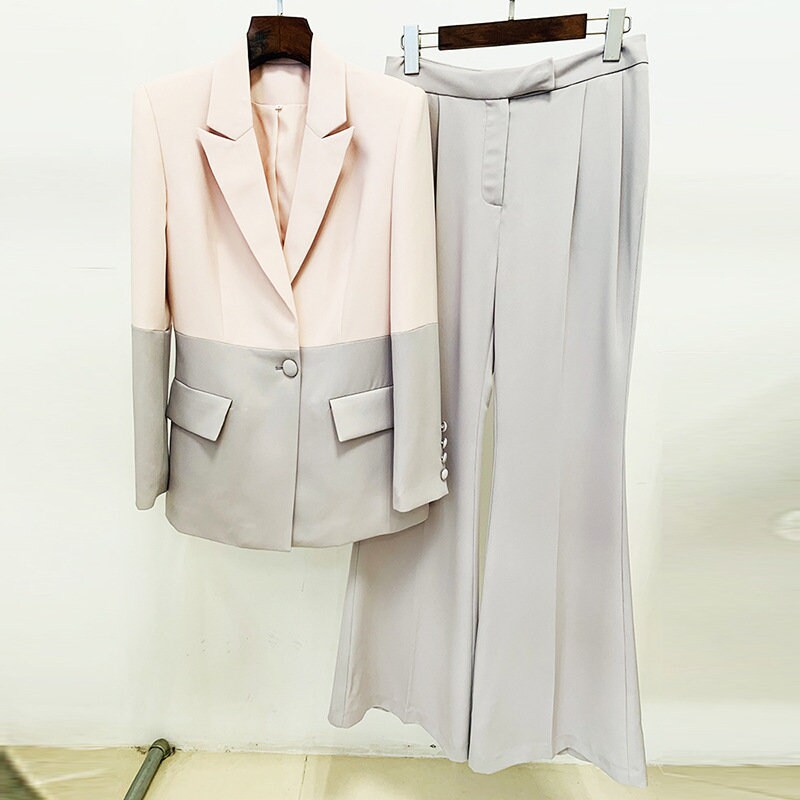 Multi Colored Women Pantsuit Colour-Blocked Woman Formal Suit Light Pink Light Gray Blazer + Trousers Smart Casual Event Party Gift