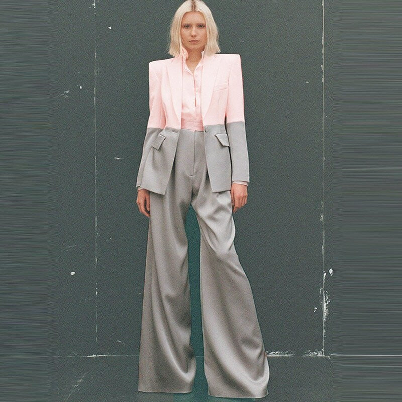 Multi Colored Women Pantsuit Colour-Blocked Woman Formal Suit Light Pink Light Gray Blazer + Trousers Smart Casual Event Party Gift