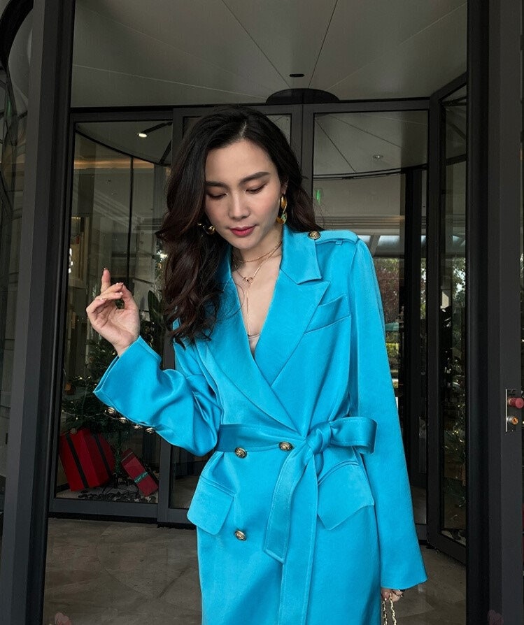 Glossy blue trench coat, designer woman color long coat slim cut double breast, casual/ outdoor/ office wear/wedding event party/ gift