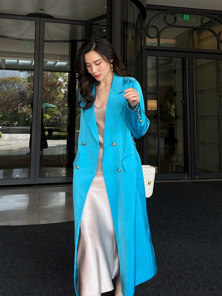 Glossy blue trench coat, designer woman color long coat slim cut double breast, casual/ outdoor/ office wear/wedding event party/ gift