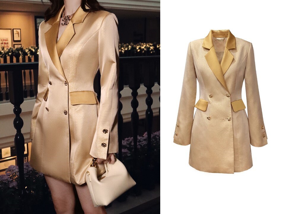 Gold color bling blazer dress, patchwork shiny suit jacket slim cut double breast, casual/ office wear/wedding event party/ gift