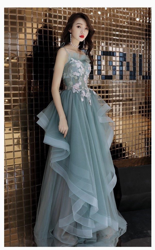 Women Prom /Wedding Dress, Princess Floral Fairy Prom Dress Green Color for Event Party Gift for her