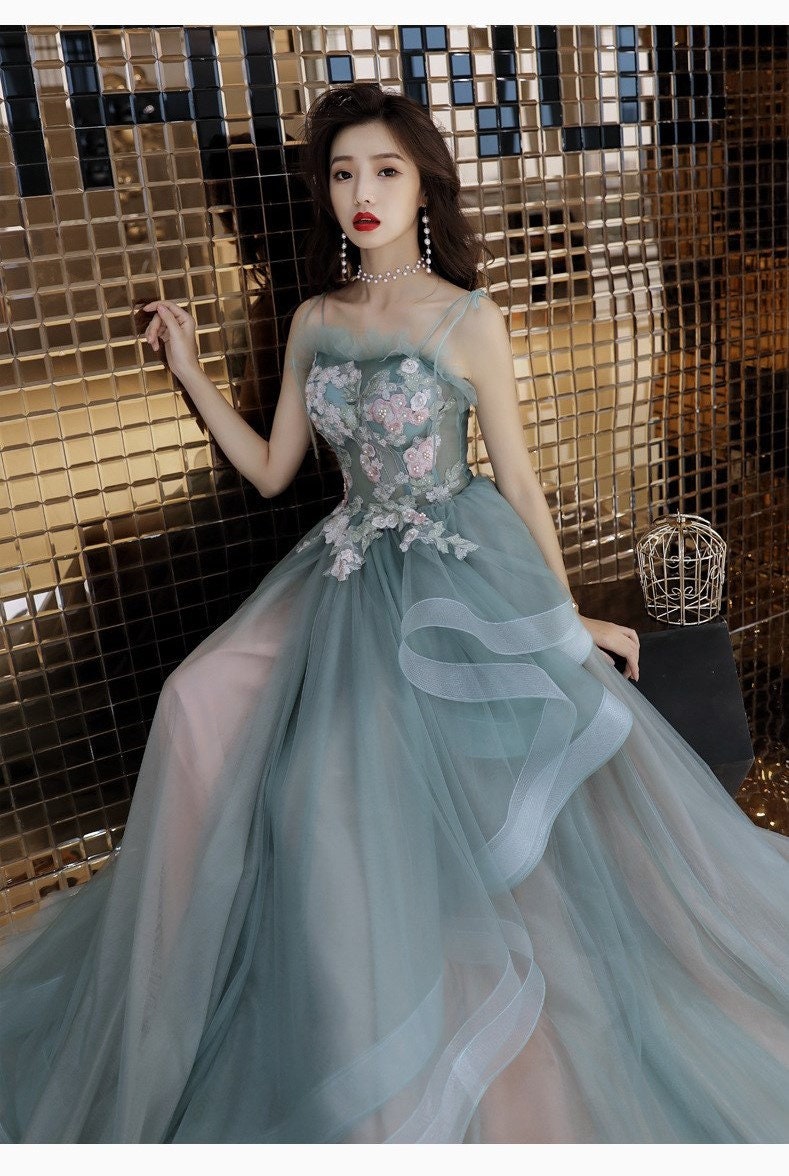 Women Prom /Wedding Dress, Princess Floral Fairy Prom Dress Green Color for Event Party Gift for her