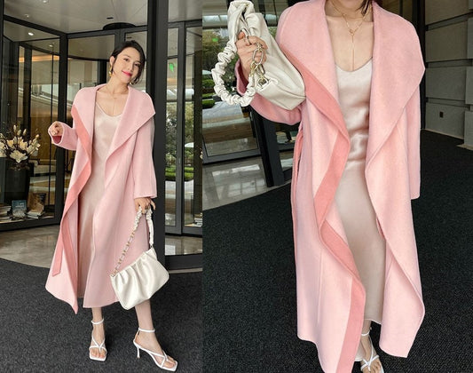 Pink ruffle loose fit trench coat, designer women long wool coat patchwork simple style for party event outdoors wedding work office gift