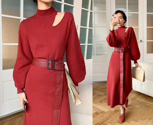 Red knitted slim cut one piece dress with belt, designer woman long dress cool simple style for party event formal casual office work