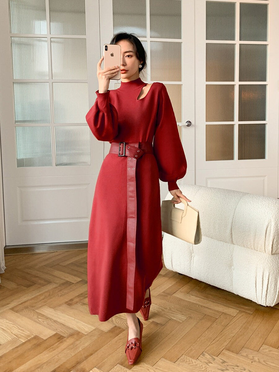 Red knitted slim cut one piece dress with belt, designer woman long dress cool simple style for party event formal casual office work