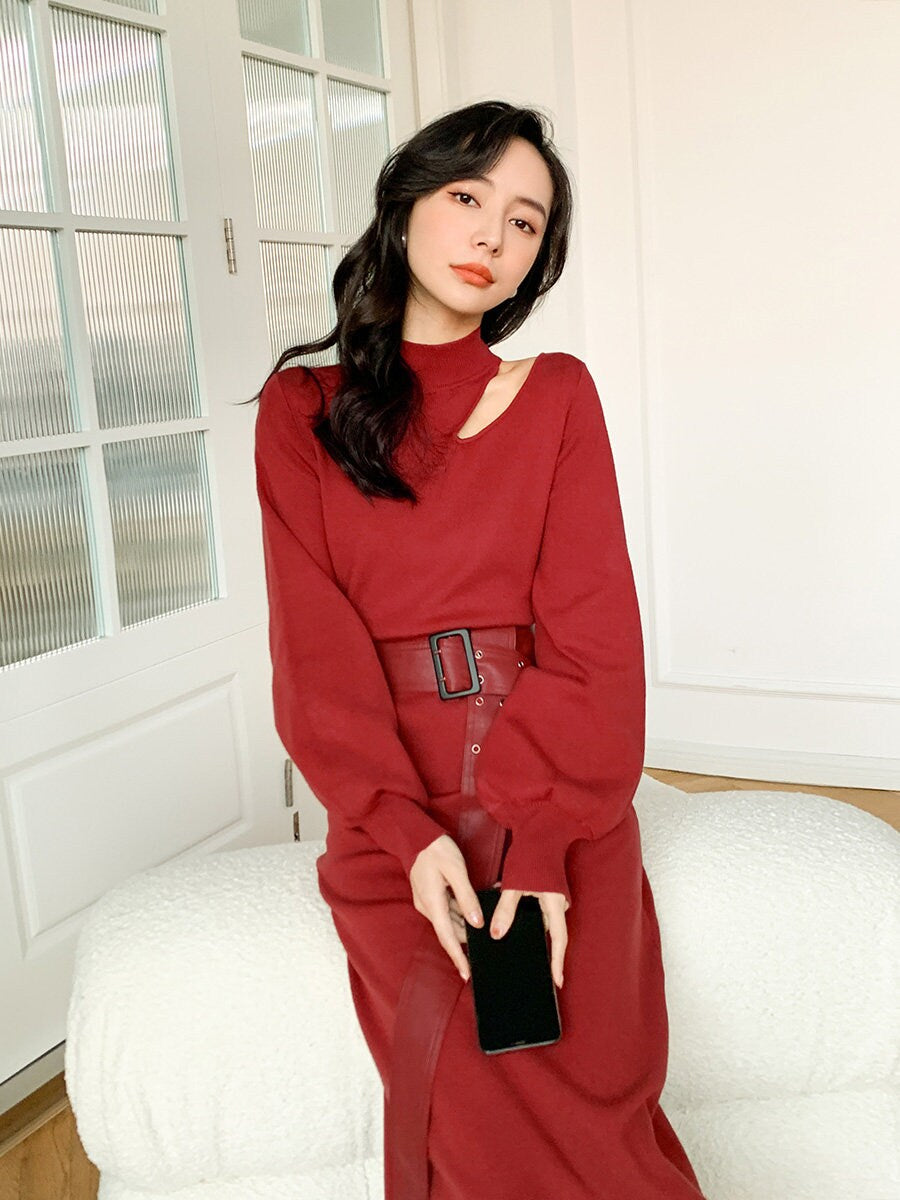 Red knitted slim cut one piece dress with belt, designer woman long dress cool simple style for party event formal casual office work