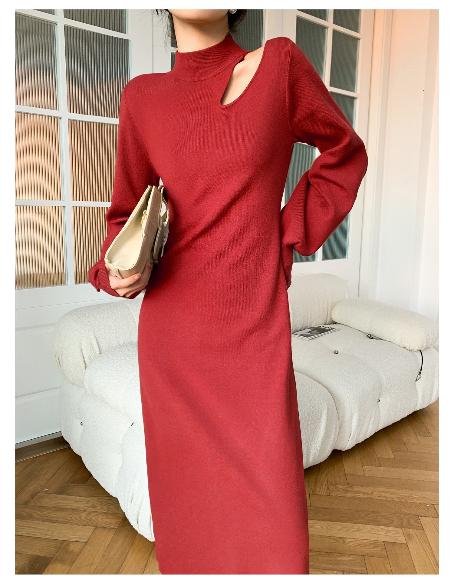 Red knitted slim cut one piece dress with belt, designer woman long dress cool simple style for party event formal casual office work