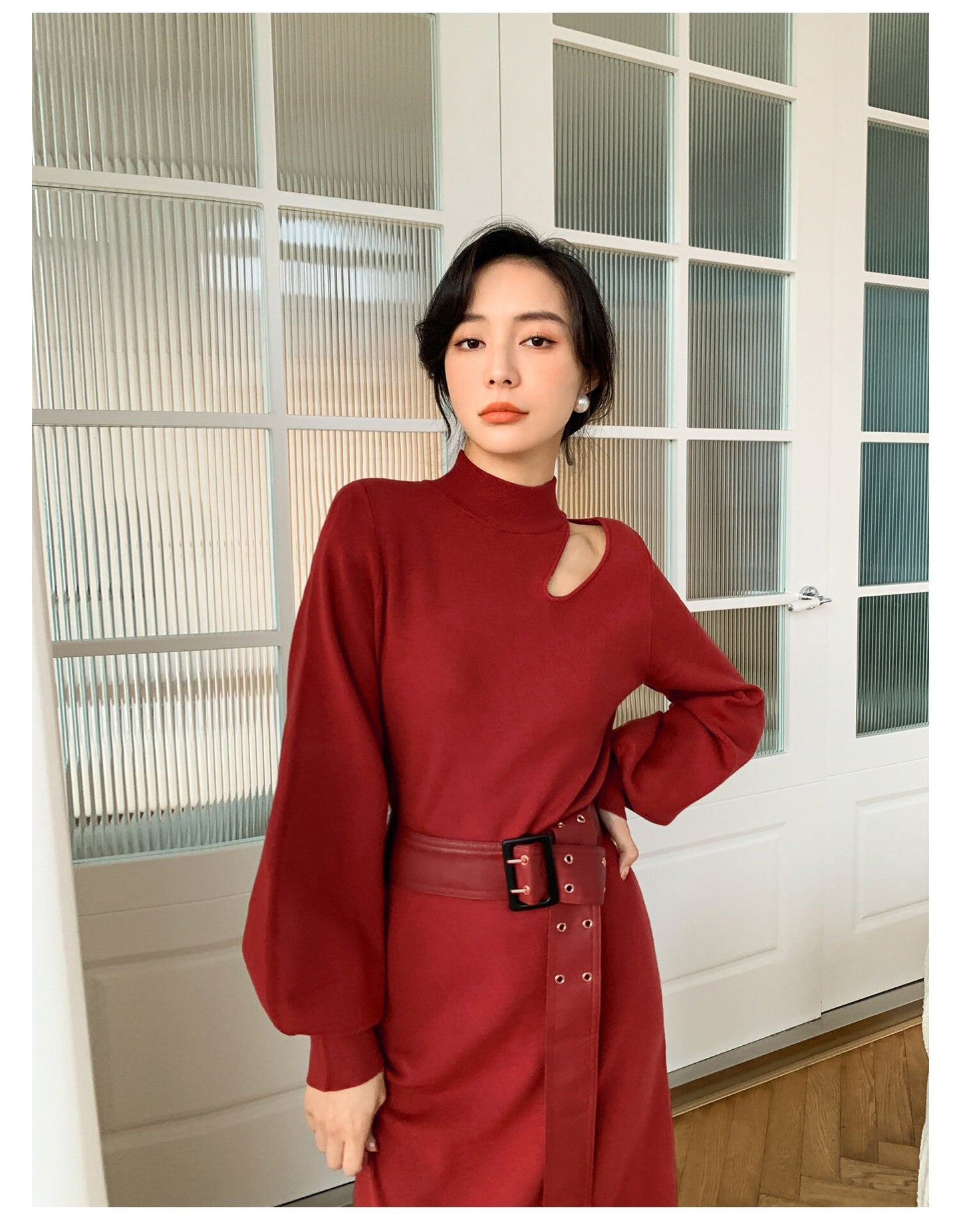 Red knitted slim cut one piece dress with belt, designer woman long dress cool simple style for party event formal casual office work