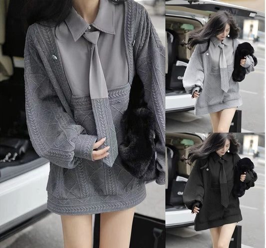 Patchwork knitted shirt + Tie set, designer woman long shirt loose fit monotone minimalist style formal casual for event party gift