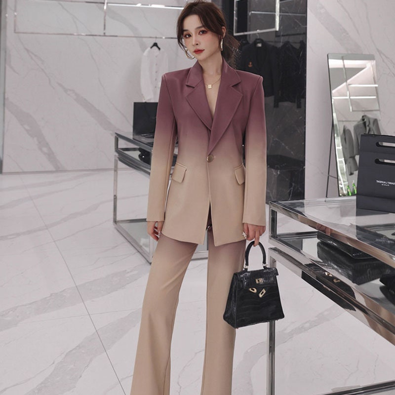 Gradient color pantsuit, designer women modern blazer + pants suit set, formal/ outdoors wear/ office work wear/wedding event party/ gift