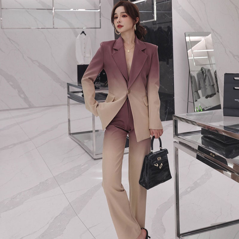 Gradient color pantsuit, designer women modern blazer + pants suit set, formal/ outdoors wear/ office work wear/wedding event party/ gift