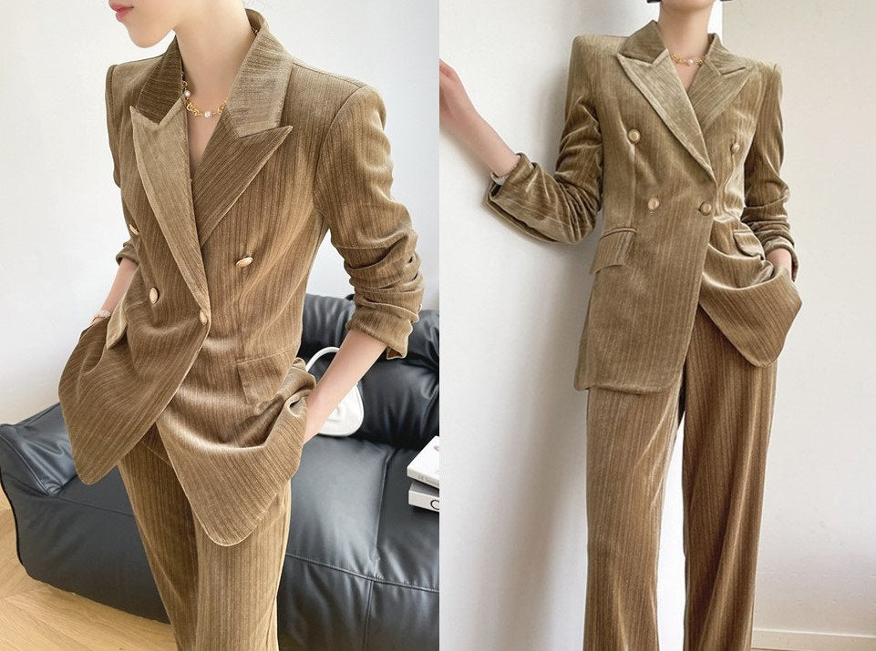 Gold Velvet Pantsuit, Designer Women slim cut winter Suit Jacket + Pants, Smart Causal/ Formal/ Party Event/ Prom Wedding/Gift