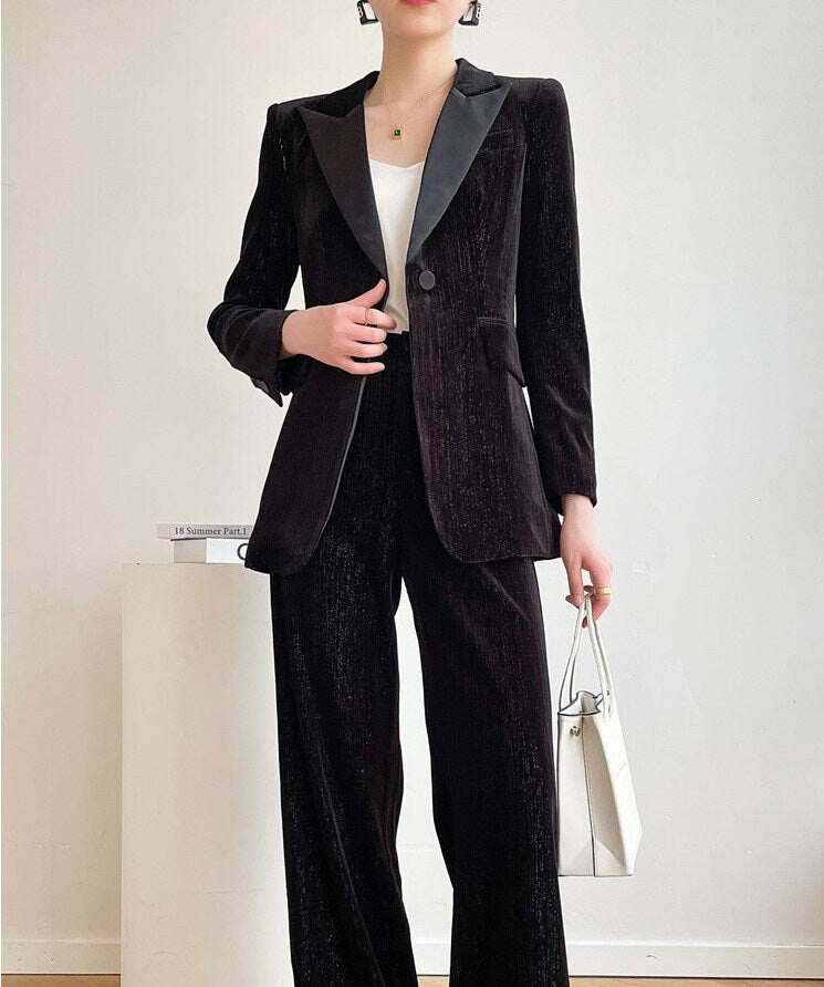 Black Slim Cut Velvet Pantsuit, Designer Women winter Suit Jacket/ Blazer + Wide Legged Pants, Smart Causal/ Formal/ Party Event/ Prom