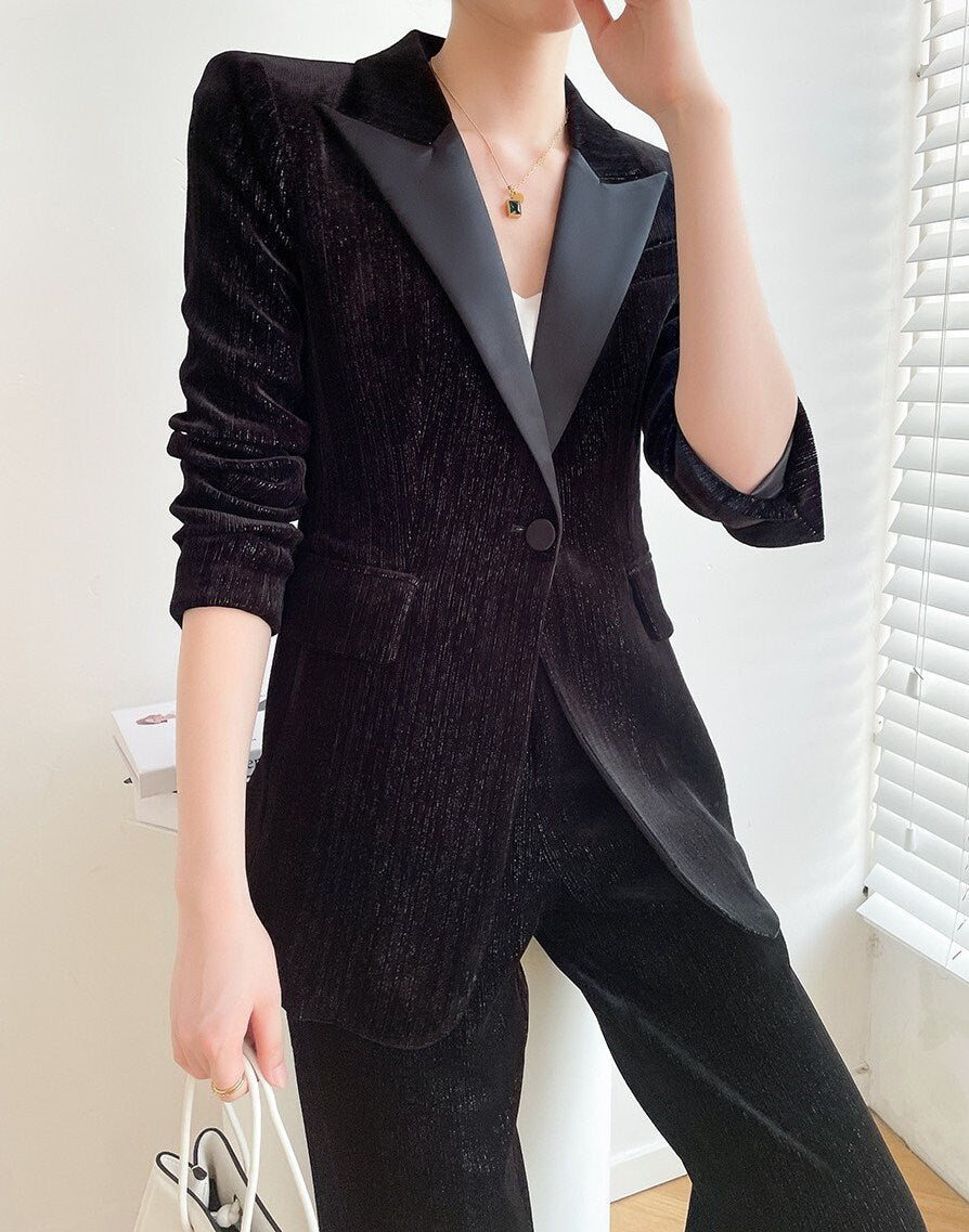 Black Slim Cut Velvet Pantsuit, Designer Women winter Suit Jacket/ Blazer + Wide Legged Pants, Smart Causal/ Formal/ Party Event/ Prom