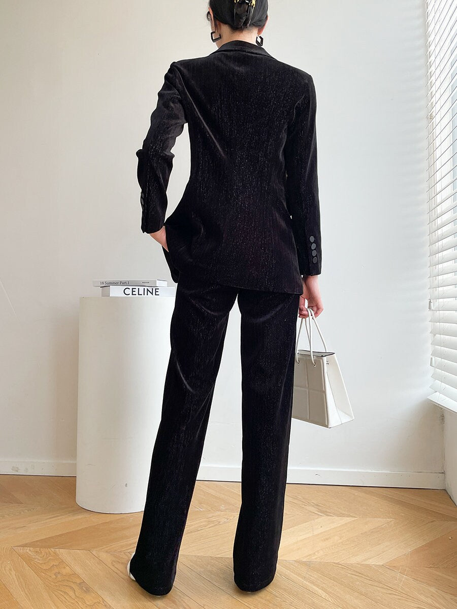 Black Slim Cut Velvet Pantsuit, Designer Women winter Suit Jacket/ Blazer + Wide Legged Pants, Smart Causal/ Formal/ Party Event/ Prom