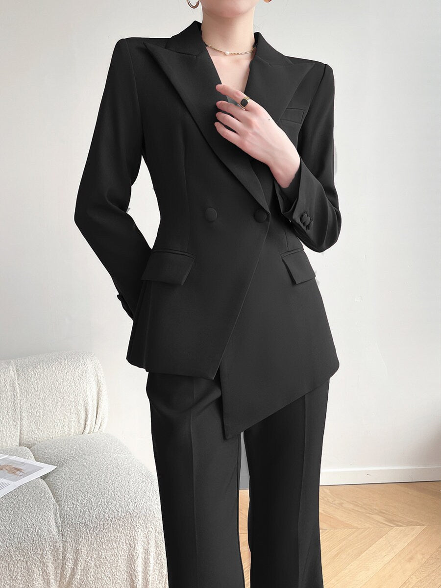 Black Trendy Pantsuit, Designer Women sleeved winter falls Suit Jacket + Pants, Smart Causal/ Formal/ Party Event/ Prom Wedding/Gift