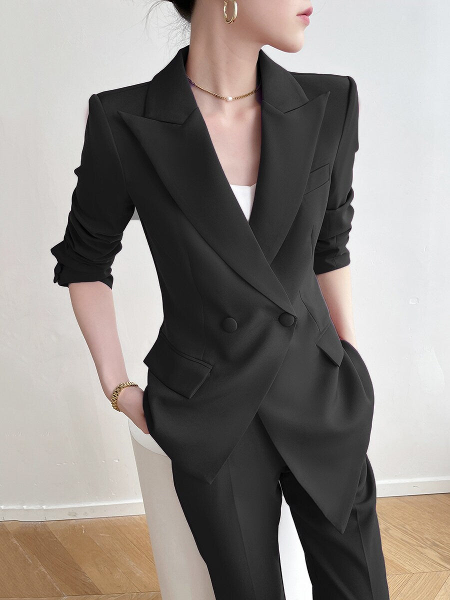 Black Trendy Pantsuit, Designer Women sleeved winter falls Suit Jacket + Pants, Smart Causal/ Formal/ Party Event/ Prom Wedding/Gift