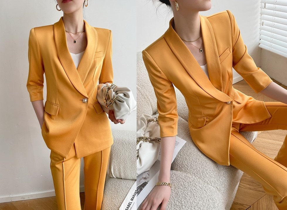 Orange Acetate Trendy Pantsuit, Designer Women slimcut winter falls Suit Jacket + Pants, Smart Causal/ Formal/ Party Event/ Prom Wedding