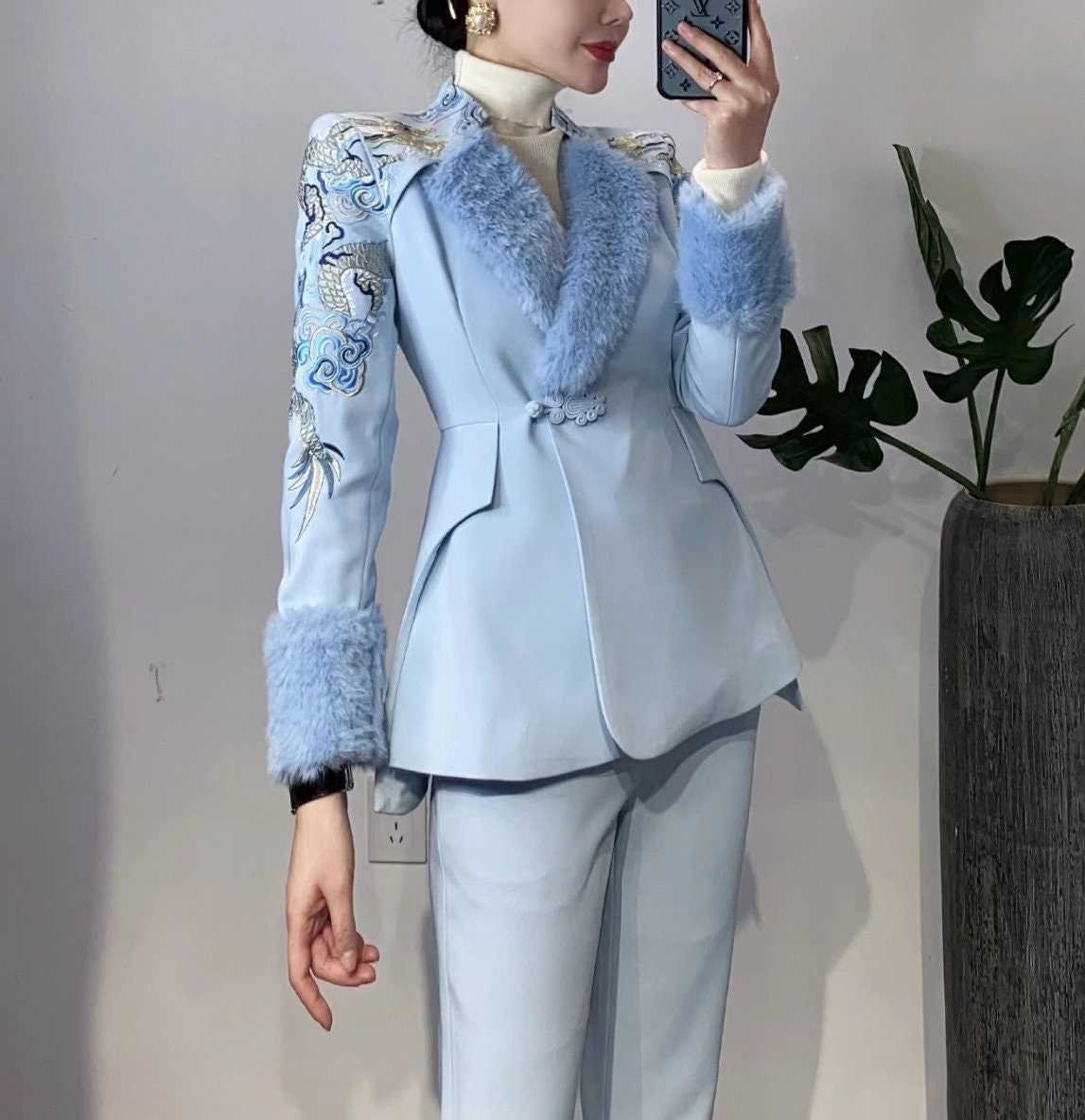 Black/ blue dragon embroidery pantsuit removable fur parts, designer woman jacket/blazer + boot legs pants suit set, Formal/ Prom/ Wedding