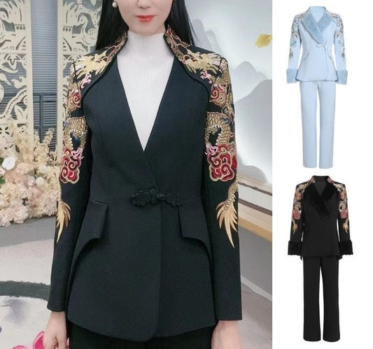 Black/ blue dragon embroidery pantsuit removable fur parts, designer woman jacket/blazer + boot legs pants suit set, Formal/ Prom/ Wedding