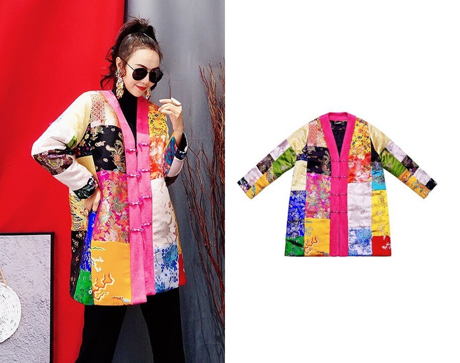 Patchwork fabric loose fit jacket, designer women colorful blazer oriental style pattern, formal/ outdoors wear/ wedding event party/ gift