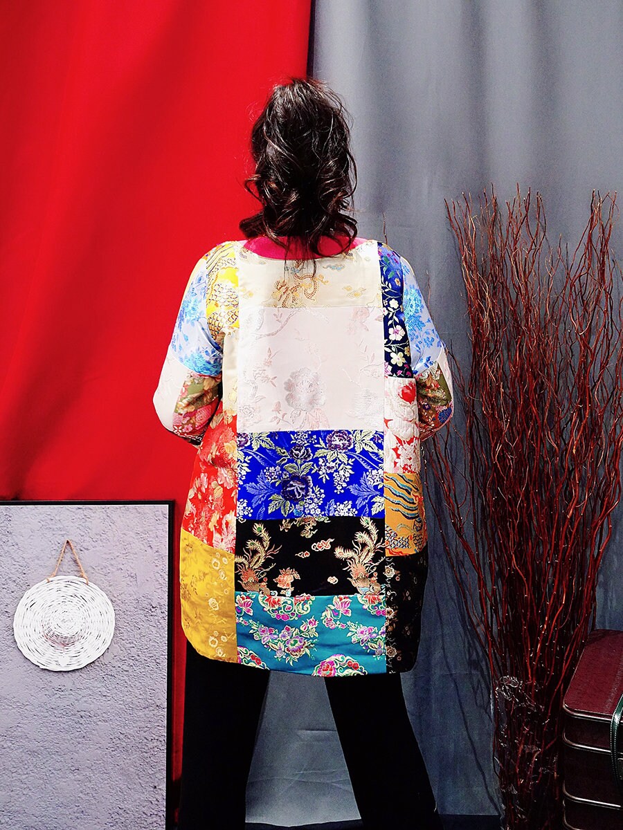 Patchwork fabric loose fit jacket, designer women colorful blazer oriental style pattern, formal/ outdoors wear/ wedding event party/ gift