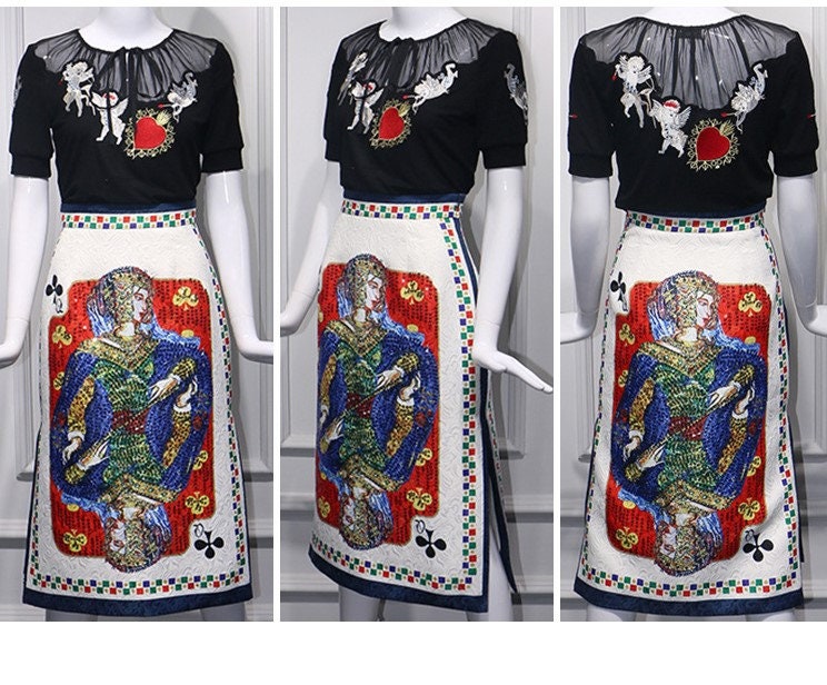 Poker art embroidery blouse + dress set, women maxi dress with Poker Q graphics, casual formal party cocktail wedding work office gift